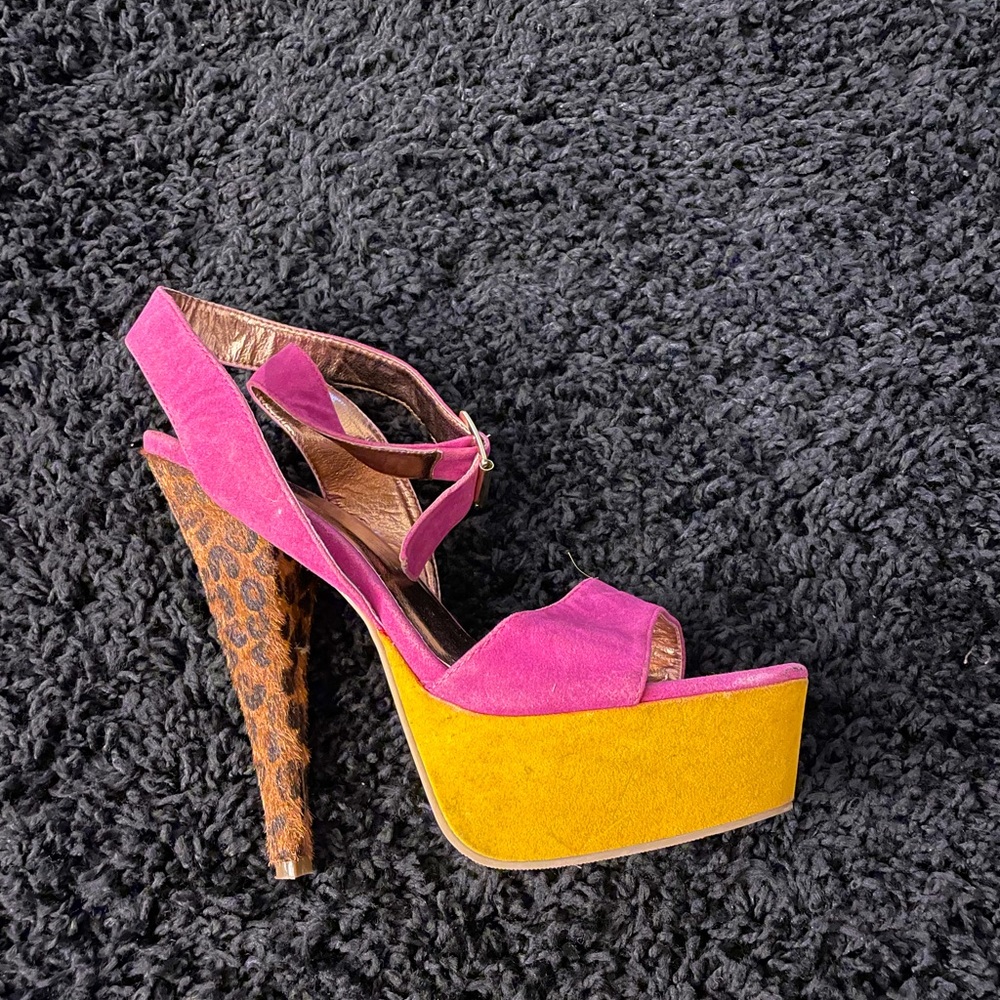 Pink, yellow, and leopard print heels